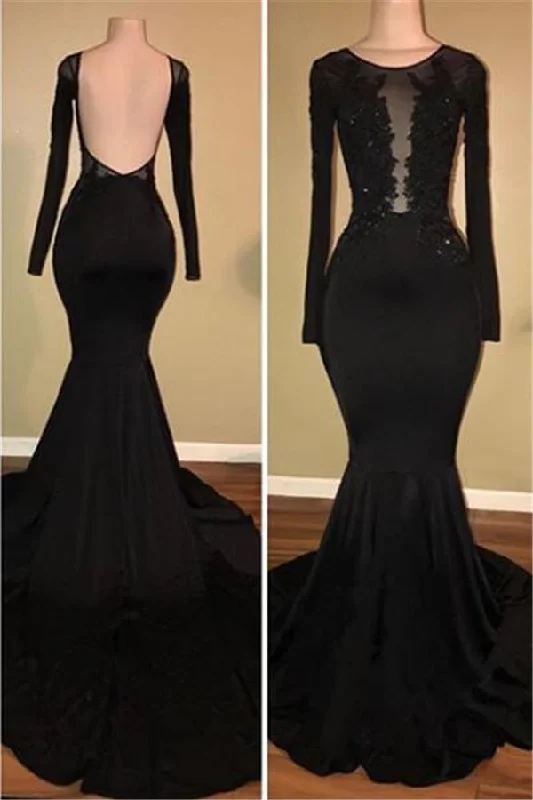 The Best Prices Chic Black Mermaid Prom Party GownsLong Sleeves With Lace Appliques