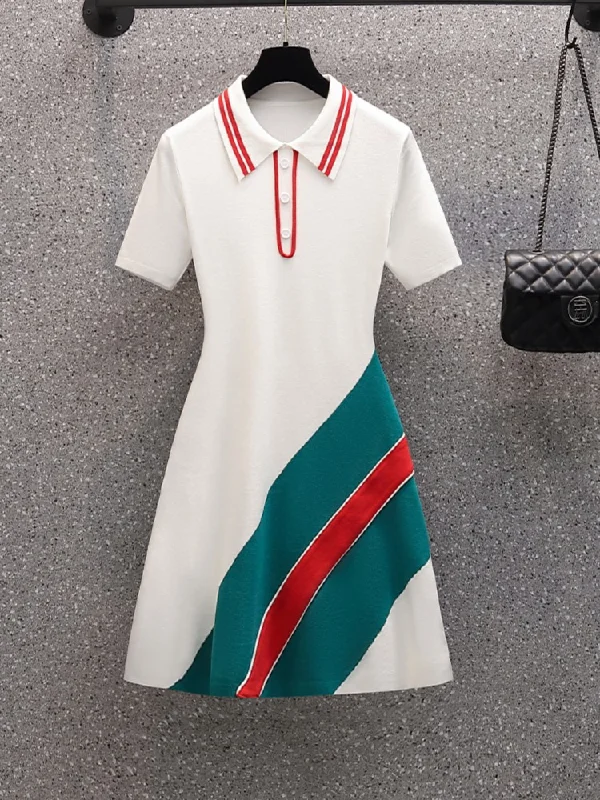 Flash Deals Plus Size Green Red Stripes Polo T Shirt Dress