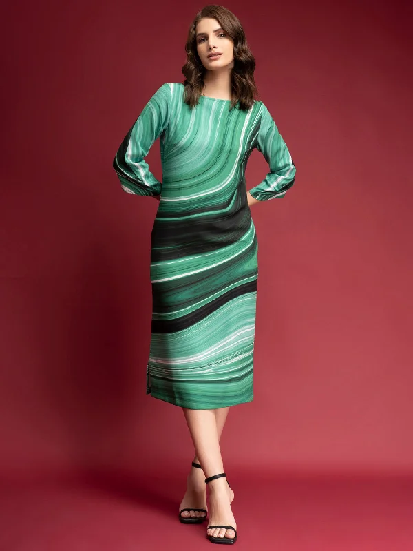 Markdowns Marble Print Boat Neck Dress - Green