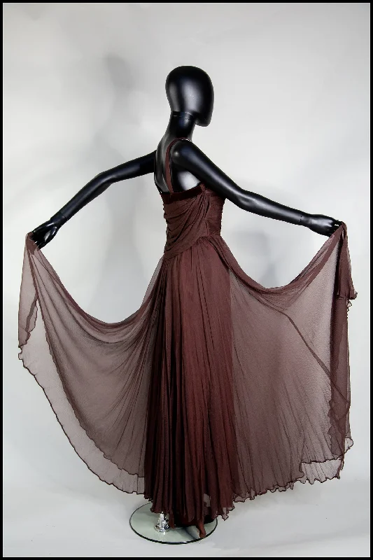 Instant Discount Vintage 1950s Dark Brown Silk Chiffon Maxi Dress