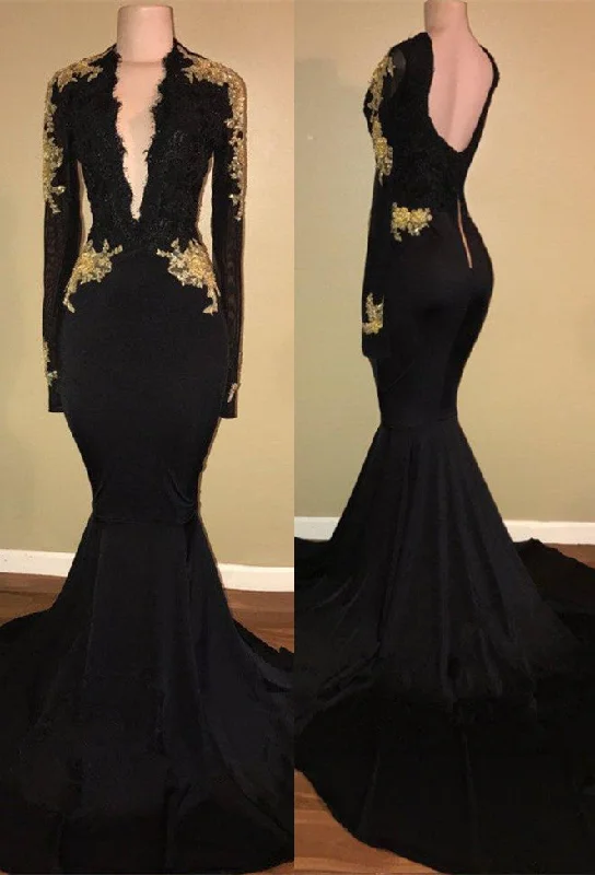 Factory Direct Sale Chic Black prom dress Mermaid Long Sleeves Evening Dress