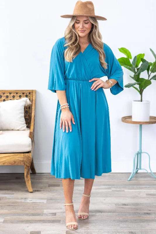 Exclusive Deal Dusty Teal Surplice Midi Dress