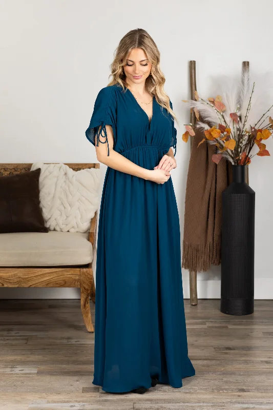 Bargain Bin Dark Teal V-Neck Maxi Dress With Pockets
