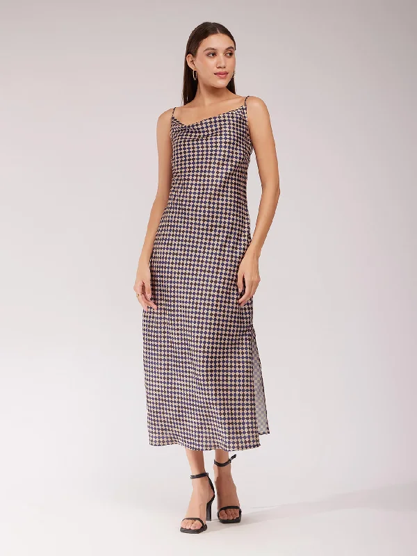 Hurry In Satin Cowl Neck Dress - Multicolour