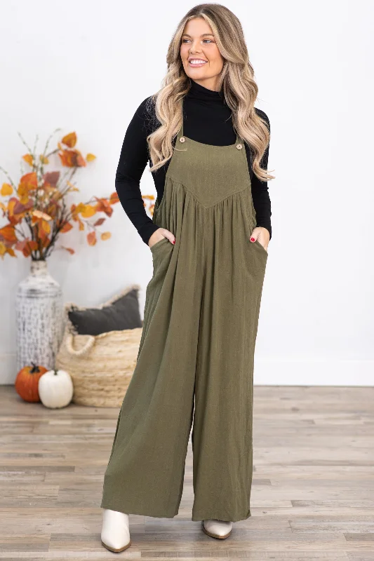 Buy More, Save More Olive Wide Leg Overalls With Pleats