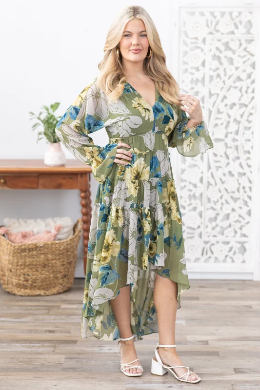 Savings Spectacular Olive Floral V-Neck Long Sleeve Maxi Dress