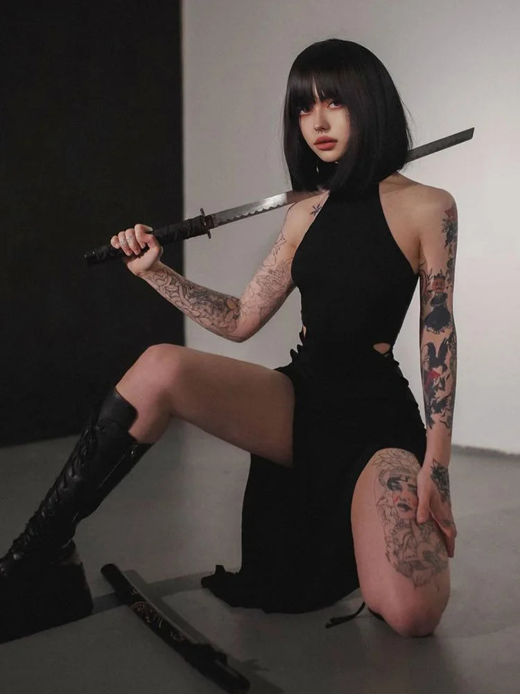Early Access Gothic High Split Sexy Bandage Halter Slim Grunge Y2K Partywear Dress