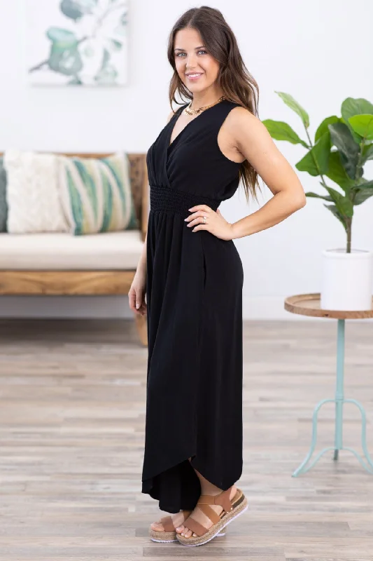 Don’t Miss Out Black Surplice Front Smocked Waist Jumpsuit