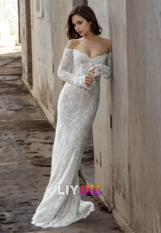 The Best Prices LW726 - Off-Shoulder Long Sleeves Lace Appliques Mermaid Wedding Dress