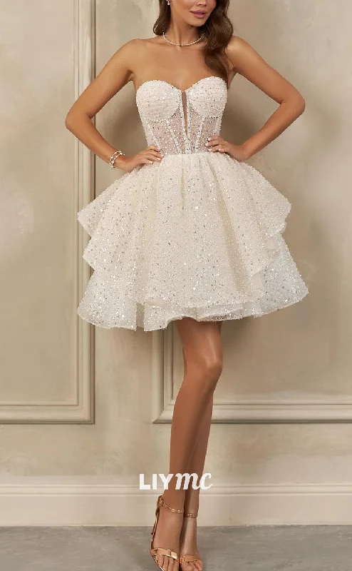Season Finale Sale LW952 - Sweetheart Puff Sleeves Sparkly Pleated A-Line Short Beach Wedding Dress Season Finale Sale LW952 - Sweetheart Puff Sleeves Sparkly Pleated A-Line Short Beach Wedding Dress
