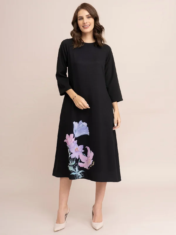 Super Bargain Floral Print A-Line Dress - Black