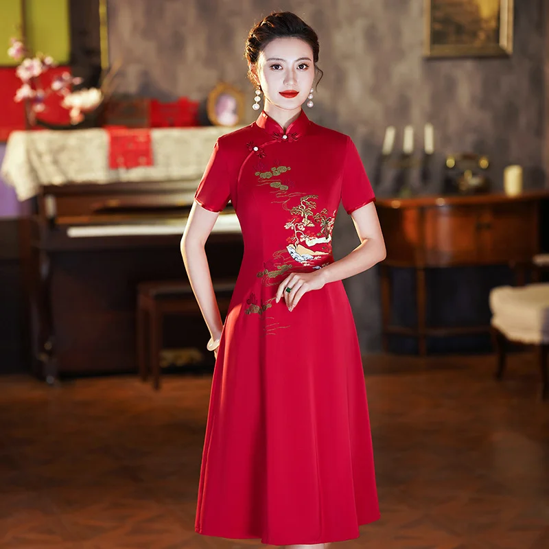 Instant Discount (M-5Xl) Plus Size Oriental Embroidery Red A Line Cheongsam Dress (Suitable For Mother Of The Bride / Groom)