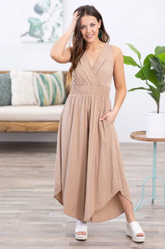 Special Promotion Tan Surplice Front Smocked Waist Jumpsuit