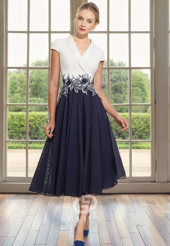 Online Only A-Line V Neck Short Cap Sleeves Pleated Applqiues Tea Length Mother of Bride Dress Online Only A-Line V Neck Short Cap Sleeves Pleated Applqiues Tea Length Mother of Bride Dress