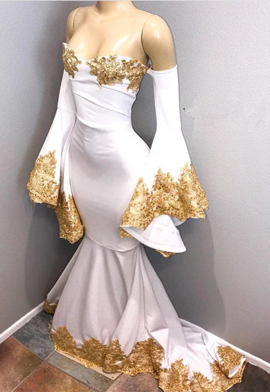Last Chance Long Sleeves Prom Party Gowns with gold appliques, mermaid evening dress Last Chance Long Sleeves Prom Party Gowns with gold appliques, mermaid evening dress