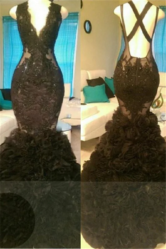 Huge Discounts Gorgeous Black Mermaid V-Neck Tulle Appliques Open-Back Prom Party Gowns Huge Discounts Gorgeous Black Mermaid V-Neck Tulle Appliques Open-Back Prom Party Gowns