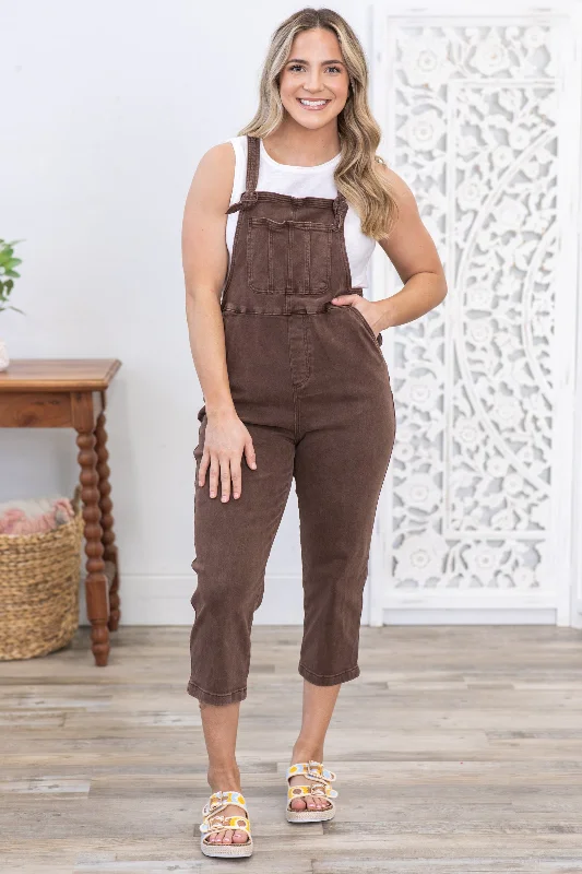 Clearance Event Brown Washed Knot Strap Relaxed Overalls