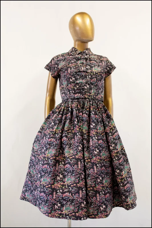 Special Price Vintage 1950s Black Japanese Print Cotton Dress Set