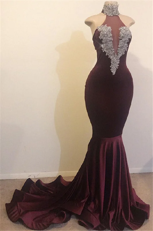 Massive Deals Burgundy Mermaid High Neck Velvet Prom Dresses