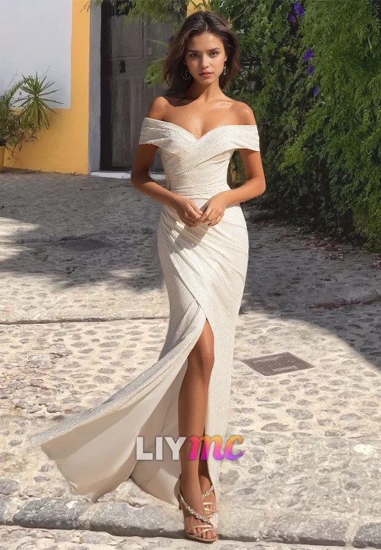 Early Access Off-Shoulder Strapless Ruched Side Slit Glitter Sheath Beach Wedding Dress Early Access Off-Shoulder Strapless Ruched Side Slit Glitter Sheath Beach Wedding Dress
