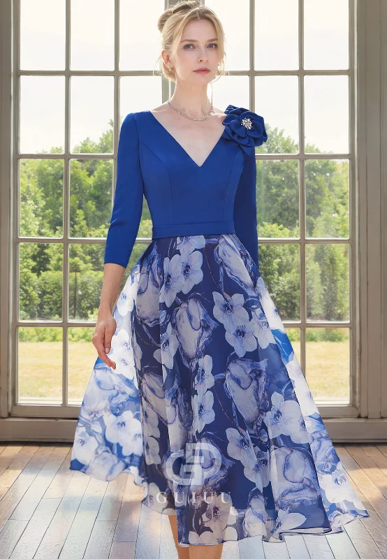 Instant Savings A-Line V Neck 34 Length Sleeves Tea Length Mother of Bride Dress with Flower Instant Savings A-Line V Neck 34 Length Sleeves Tea Length Mother of Bride Dress with Flower