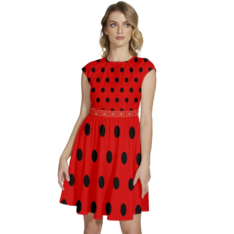 Markdowns Cap Sleeve High Waist Dots Red Dress