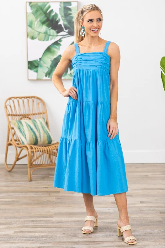 Loyalty Reward Blue Ruched Bodice Midi Dress