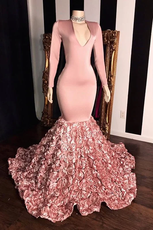 Midnight Madness Long Sleeves V-neck Mermaid Prom Dress Pink Long Chiffon