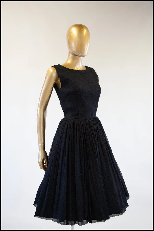 Low Prices Vintage 1950s Black Silk Chiffon Midi Dress