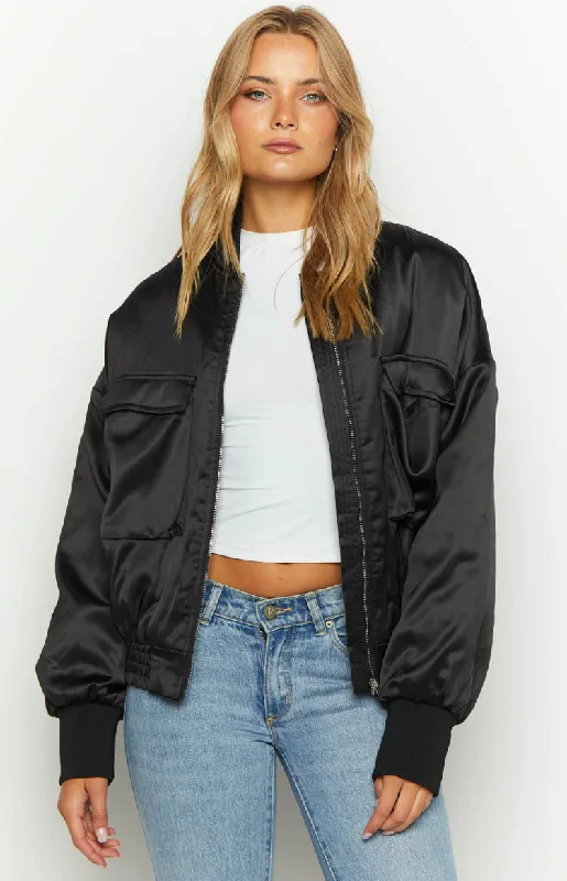 Big Discounts Keziah Black Satin Bomber Jacket