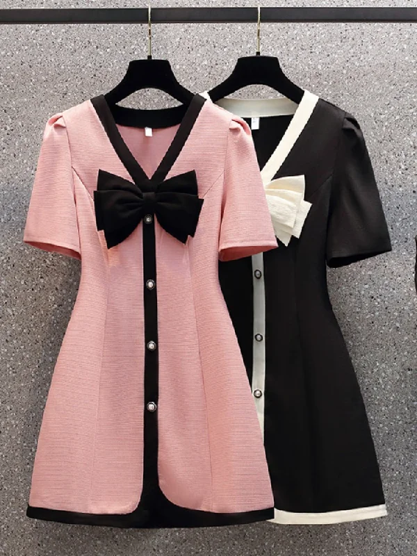 Midnight Madness Plus Size Ribbon Pearl Buttons Shift Dress