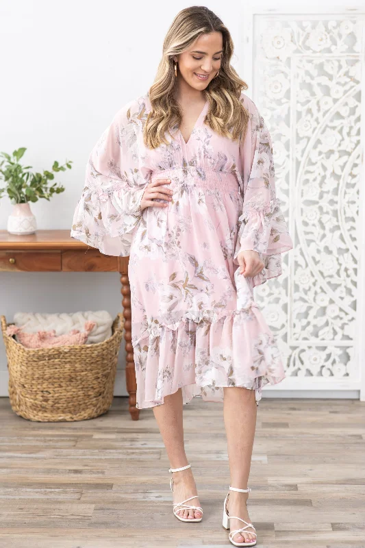 Bonus Savings Blush Floral Print Dolman Sleeve Midi Dress