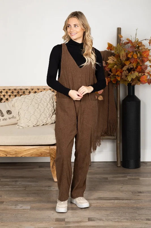 Inventory Reduction Mocha Corduroy Jumpsuit With Pockets