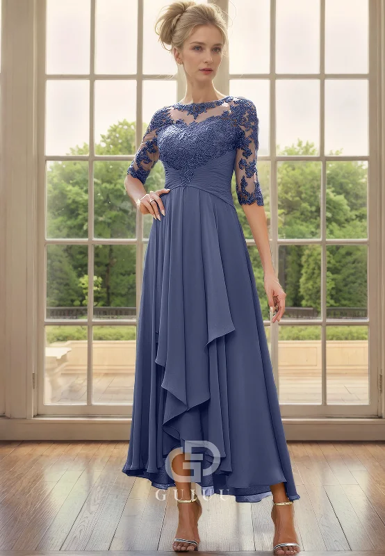 Limited Edition A-Line Scoop Neck Half Sleeves Lace Appliques Ruffles Chiffon Mother of Bride Dress Limited Edition A-Line Scoop Neck Half Sleeves Lace Appliques Ruffles Chiffon Mother of Bride Dress
