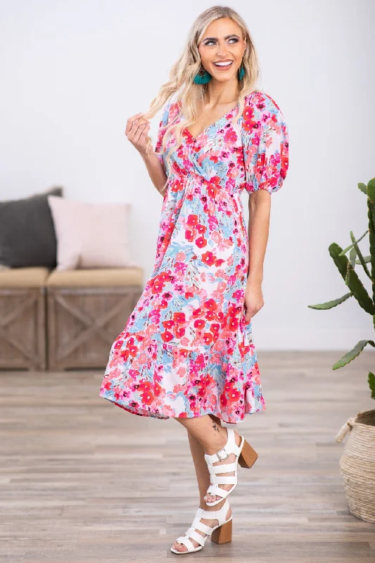 Year-End Sale Sky Blue and Pink Puff Sleeve Floral Dress