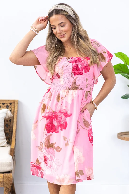 Today’s Deal Baby Pink Floral Print Chiffon Smocked Dress