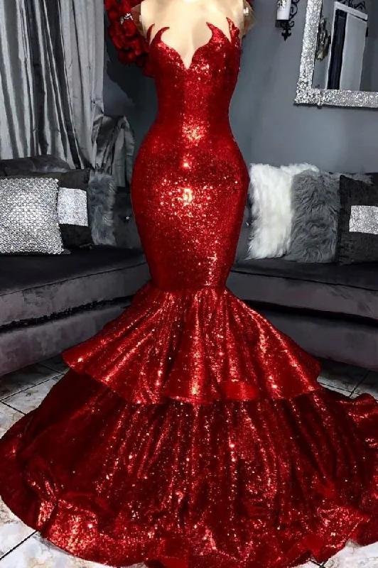 Sale Event Shining Hot Red Mermaid Prom Party Gowns with Ruffles