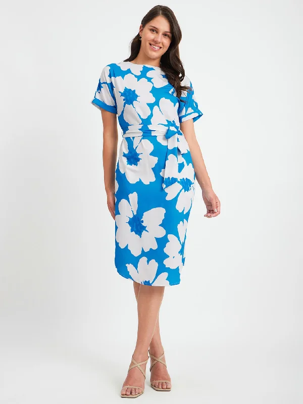 Reduced Prices Floral Print Drop Shoulder Dress - Blue And White