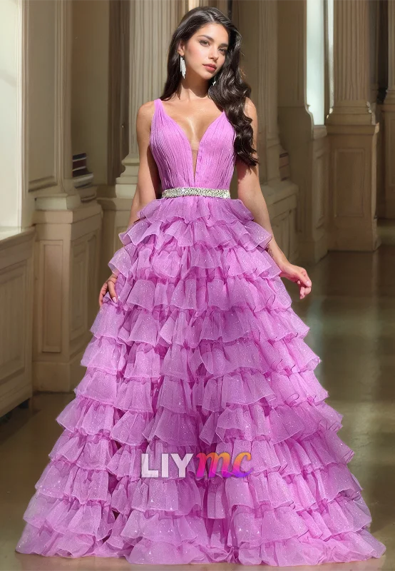 New Deals V-Neck Straps Sleeveless Tiered Tulle Ball Gown Prom Dress
