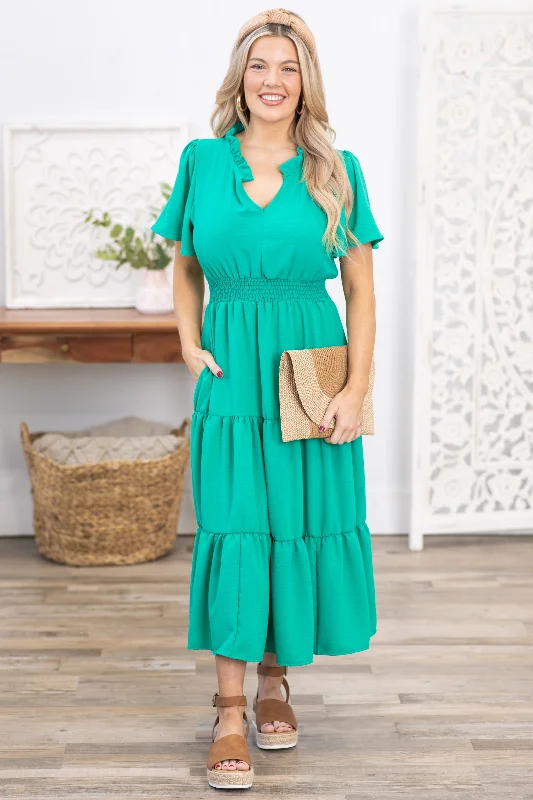 New Deals Turquoise Tiered Smocked Waist Maxi Dress