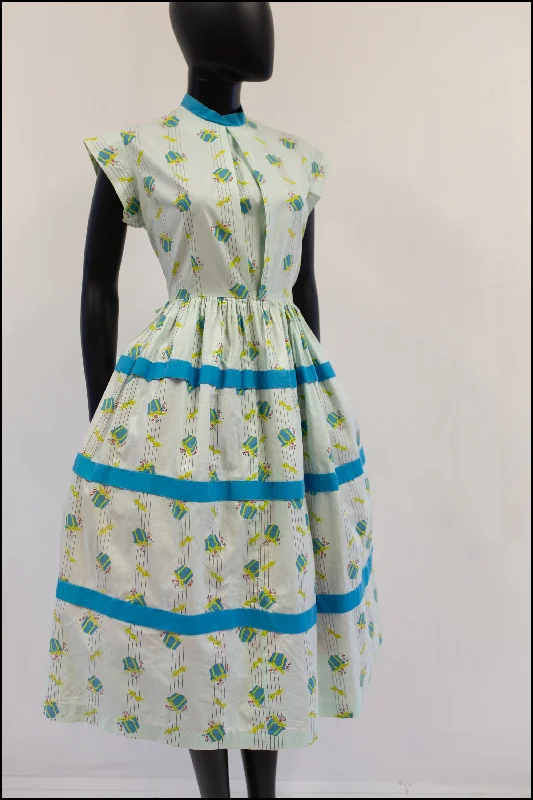 Instant Savings Vintage 1950s Blue 'Present' Bow Print Dress