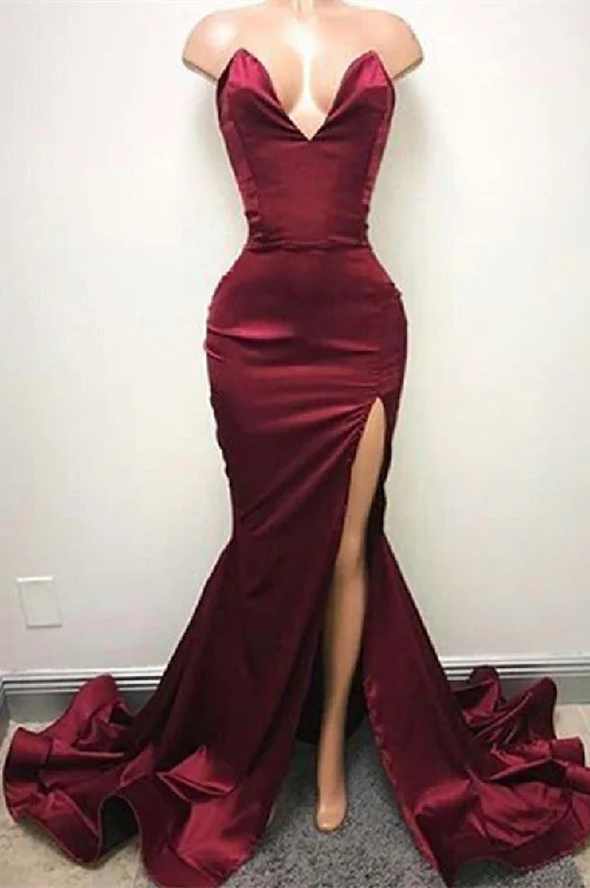 Price Reduction Sexy V-neck Chiffon Mermaid Prom Dress Long With Split Burgundy