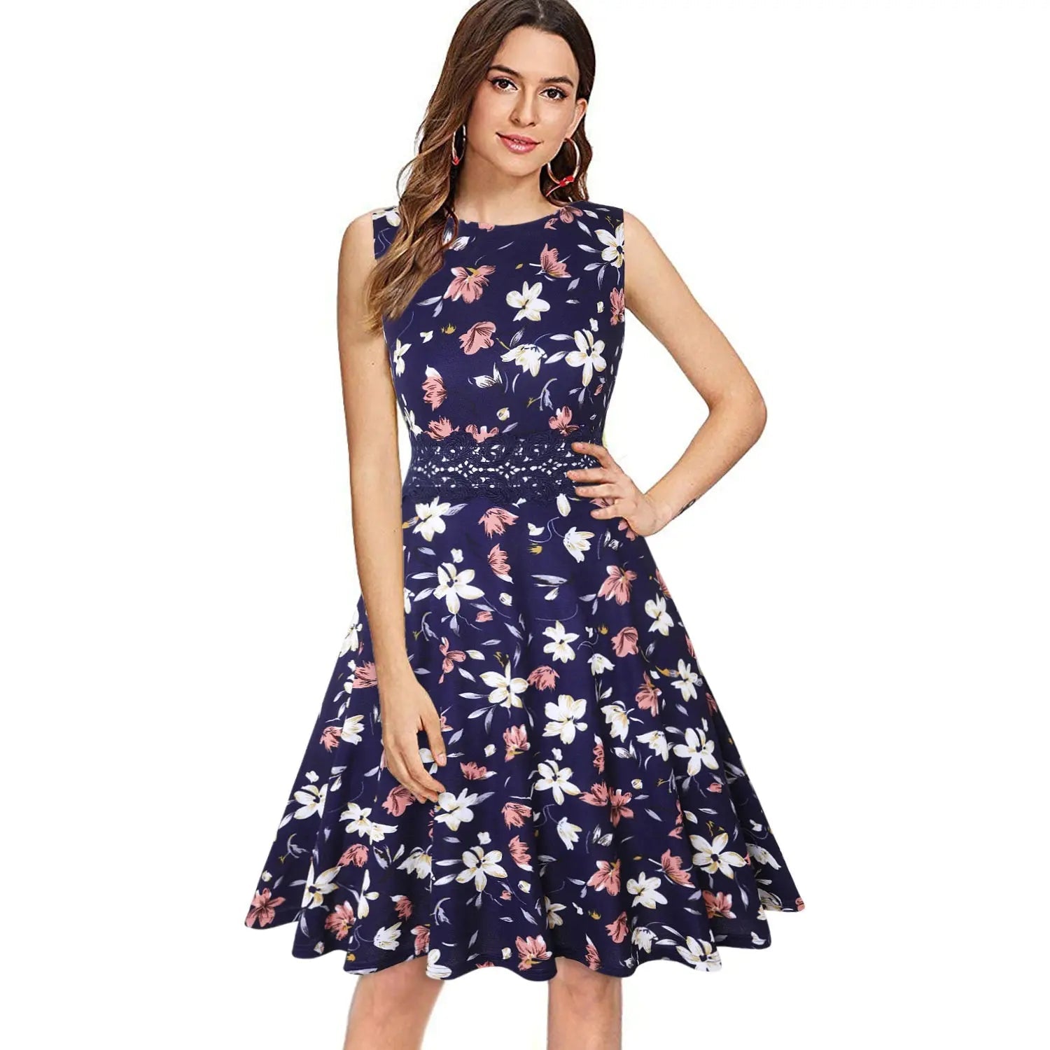 Members Only Vintage Navy Elegant Floral Swing Dress