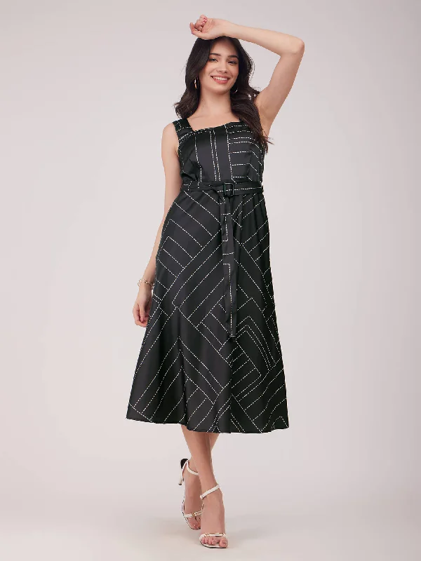 Inventory Reduction Stretch Satin Fit And Flare Dress - Black