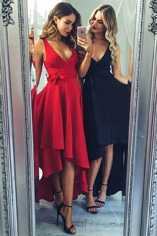 Clearance Items Red High Low V-Neck Sleeveless Prom Dresses
