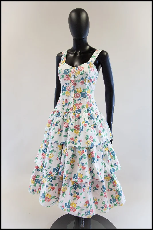 Deal of the Day Vintage 1980s White Floral Cotton Tiered Dress