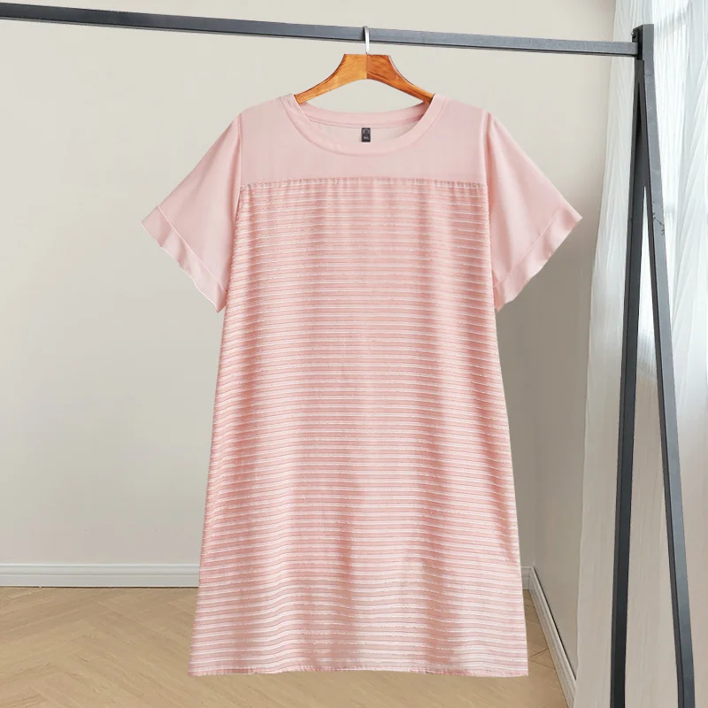 Deal Alert (4XL-10XL) Plus Size Pink Stripes Chiffon Short Sleeve Dress (EXTRA BIG SIZE)