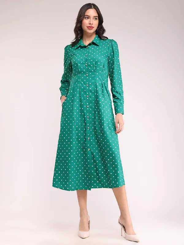 Early Access Button Down Shirt Dress - Green And Ecru