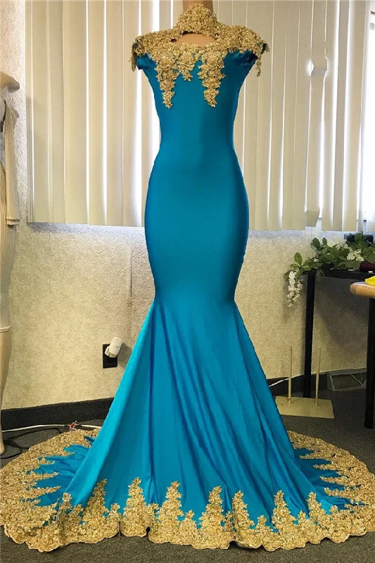 Today’s Deal High Neck Mermaid Gold Lace Prom Dresses with Chic Keyhole