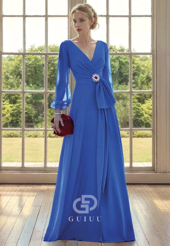 Price Cut A-Line V Neck Long Sleeves Pleated Back Zipper Buttons Chiffon Mother of Bride Dress with Beaded Price Cut A-Line V Neck Long Sleeves Pleated Back Zipper Buttons Chiffon Mother of Bride Dress with Beaded